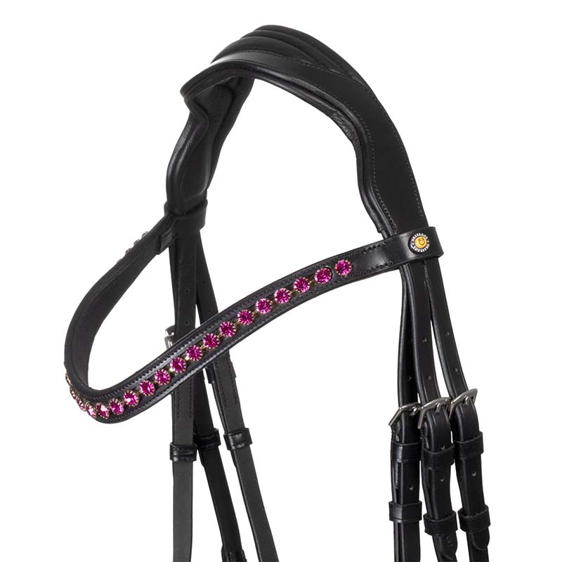 Equestro Anatomical English Bridle in leather w/Fuxia rhinestones  - 2352