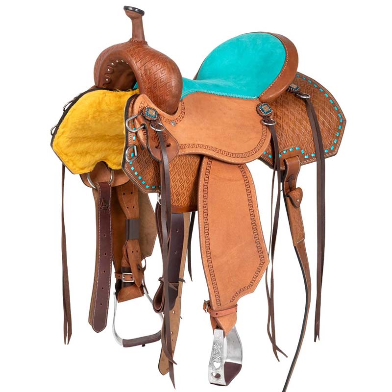 Western Saddle Pool's Barrel, turquoise seat and basket tooling - 4916