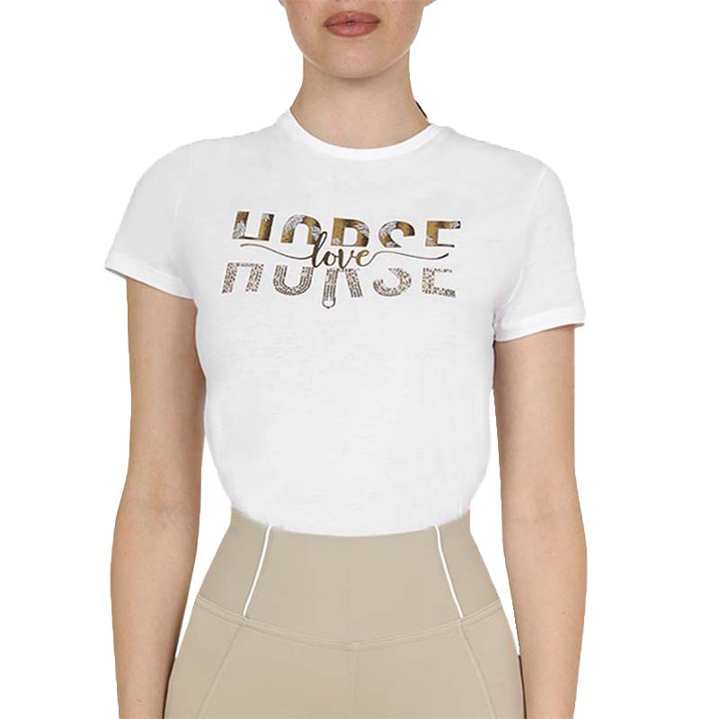 Equestro women’s cotton t-shirt - gold print and rhinestones